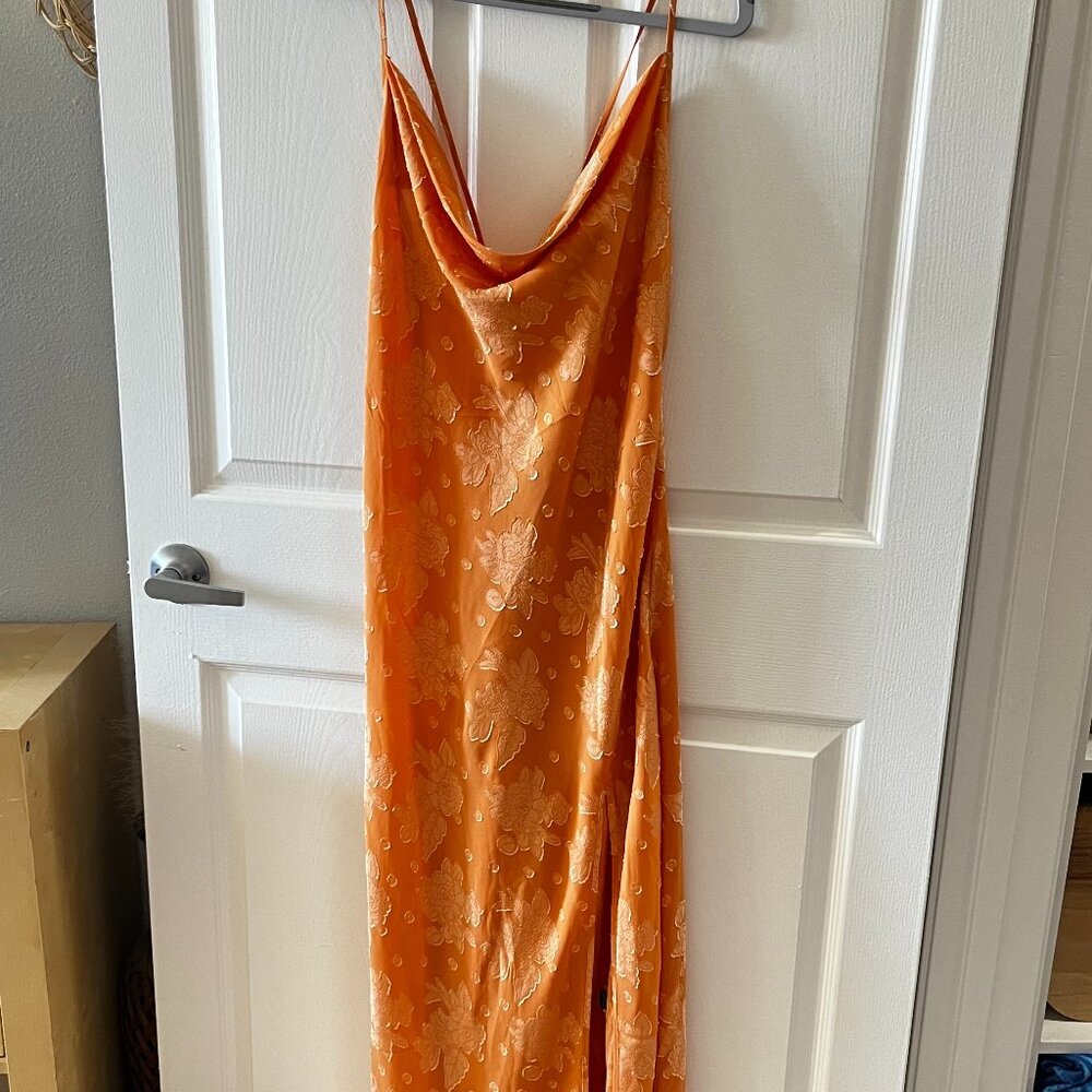 Floral Cowl Neck High Slit Slip Midi Dress - Burnt Orange